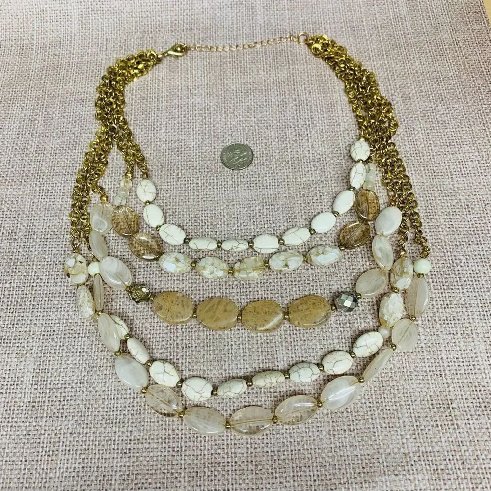 Multi Strand Gold‎ Neutral Colors Glass Acrylic Bead Necklace